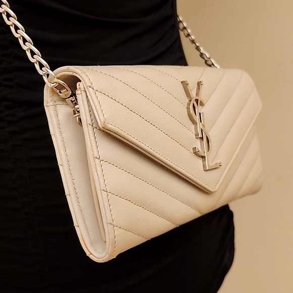 YSL Cloud Gray Caviar Flap Crossbody Large Purse Clutch WOC + Box - Picture 2 of 16